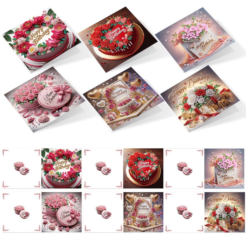 Image of 6pcs Birthday Flower Themed Diamond Painting Greeting Card Set - Diy Handmade Acrylic Craft Card With Envelope, Suitable For Birthdays, Festivals, And Celebrations