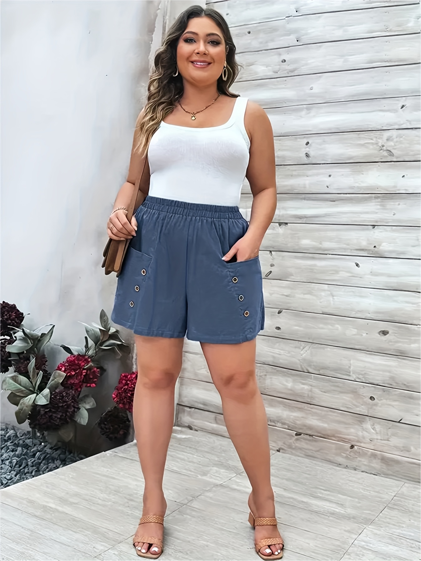 plus size elastic waist button decor women's Temu United Arab