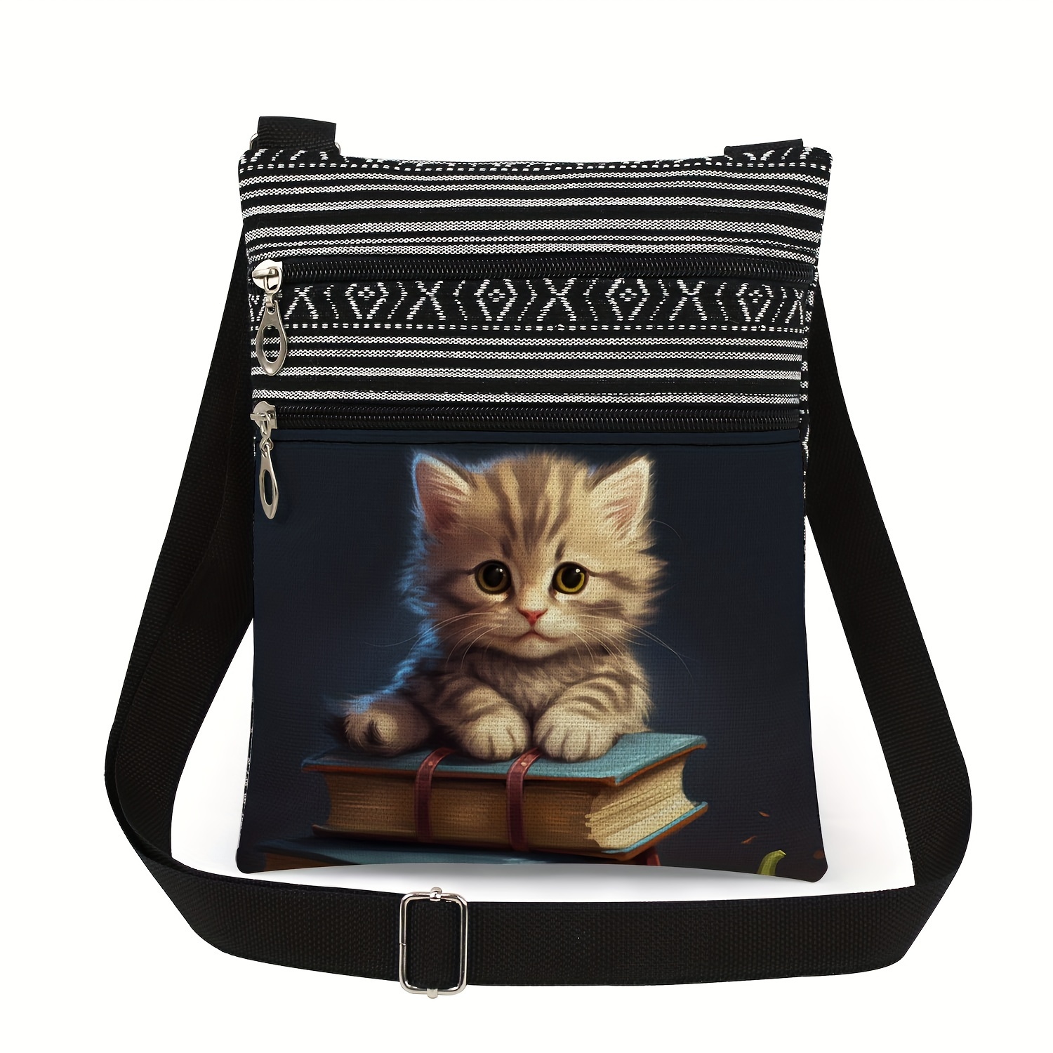 Image of Random Black And White Striped Pattern Creative Casual Travel Animal Tote Bag, Cat Napping On Book Print Women's Crossbody Bag, Cute Versatile Gift Bag
