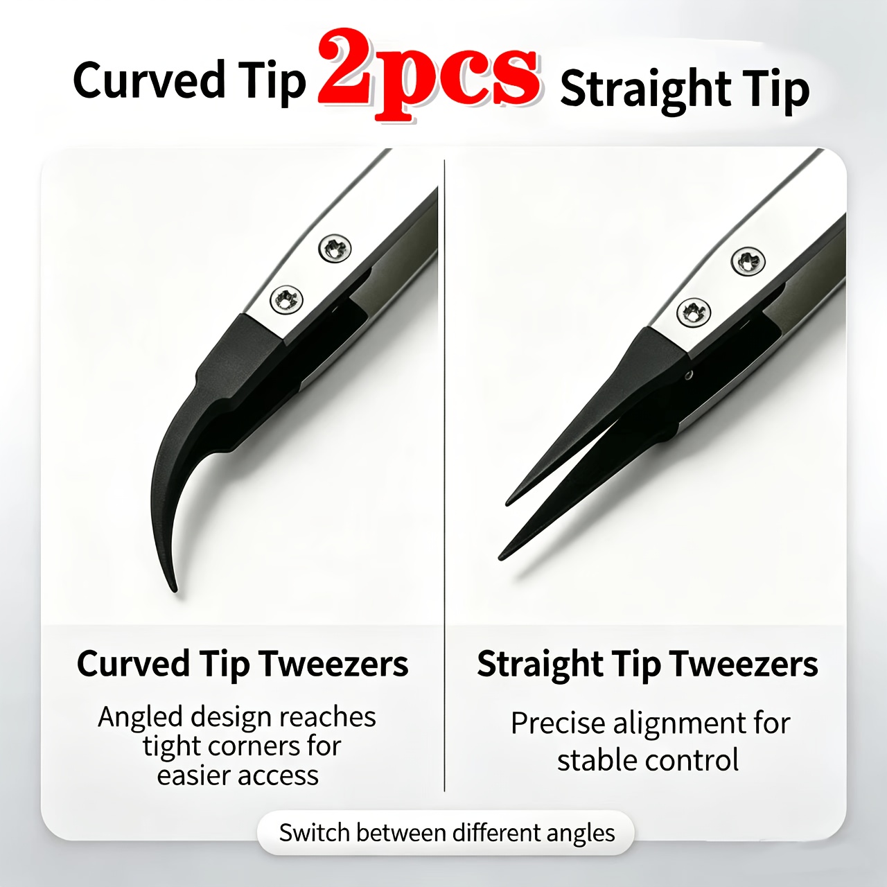 TEMU 2pcs Esd Anti-static Precision Tweezers - Anti-static Tips, Heavy-duty Metal Construction, For Electronics, Jewelry Making And Crafts - No Power
