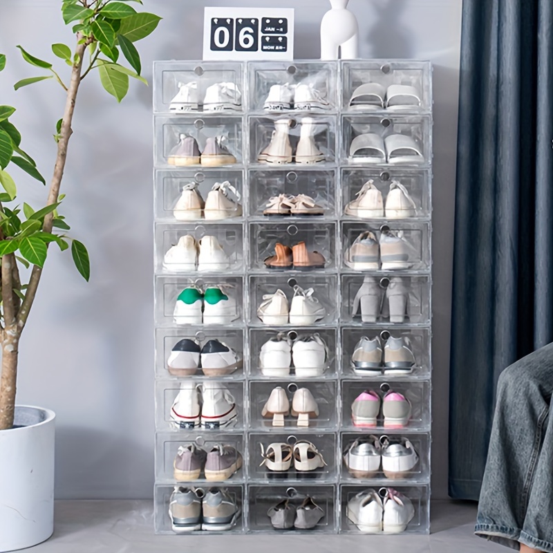 【Grueso y resistente】Organizador de almacenamiento de zapatos transparente  con puerta magnética, cajas apilables para armario, zapatero plegable que