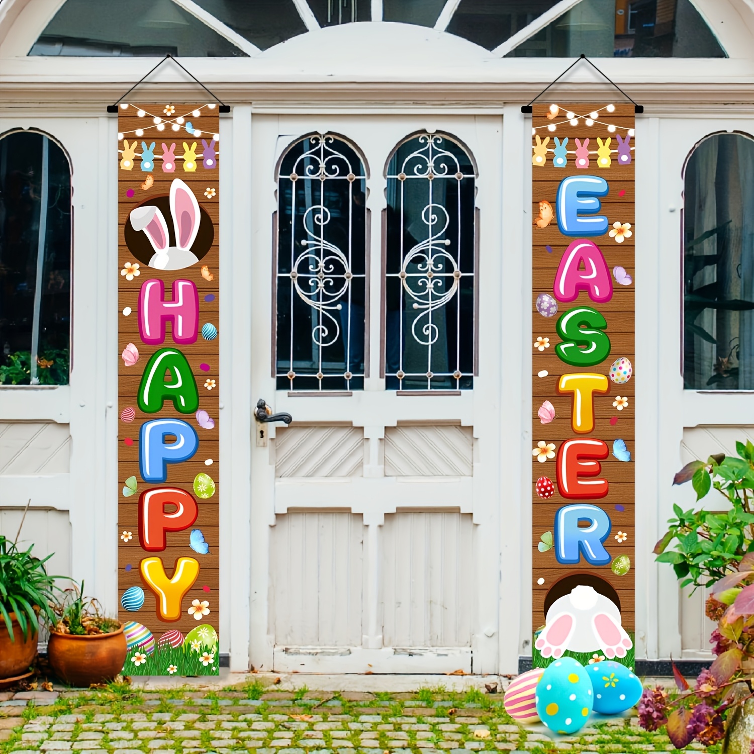 

1 Pair Bunny Porch Banner - Spring Door Welcome Sign With Bunny & Egg Decorations, Polyester Material For Home Entrance Decor