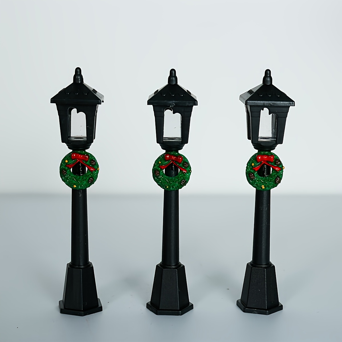 3 Mini Christmas Street Lamp Posts With Festive Wreaths, Decorative Seasonal Item, Plastic, No Electricity Required