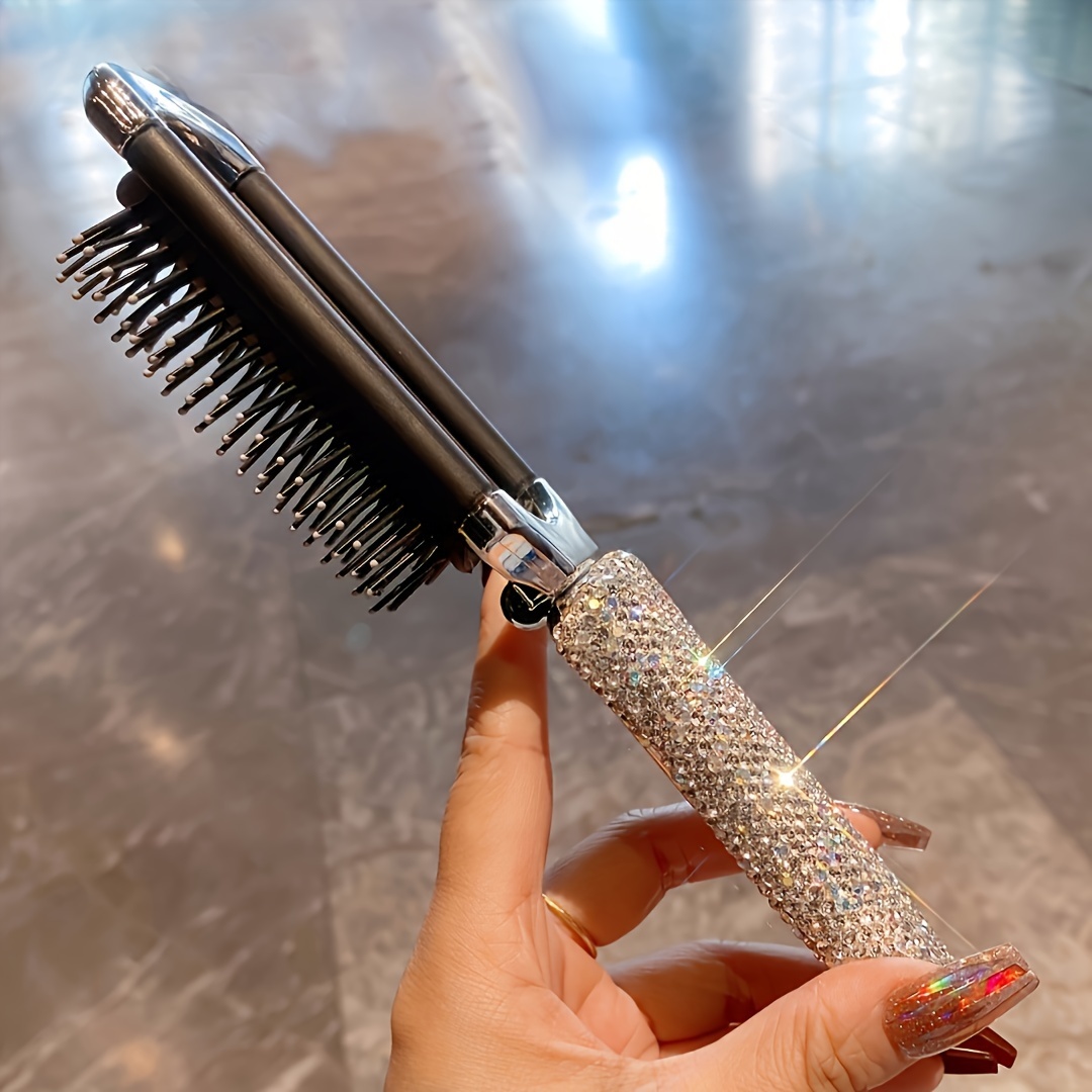 1pc Shiny Rhinestone Decorated Foldable Hair Comb With Makeup Mirror, Portable Hairbrush, Travel Essential