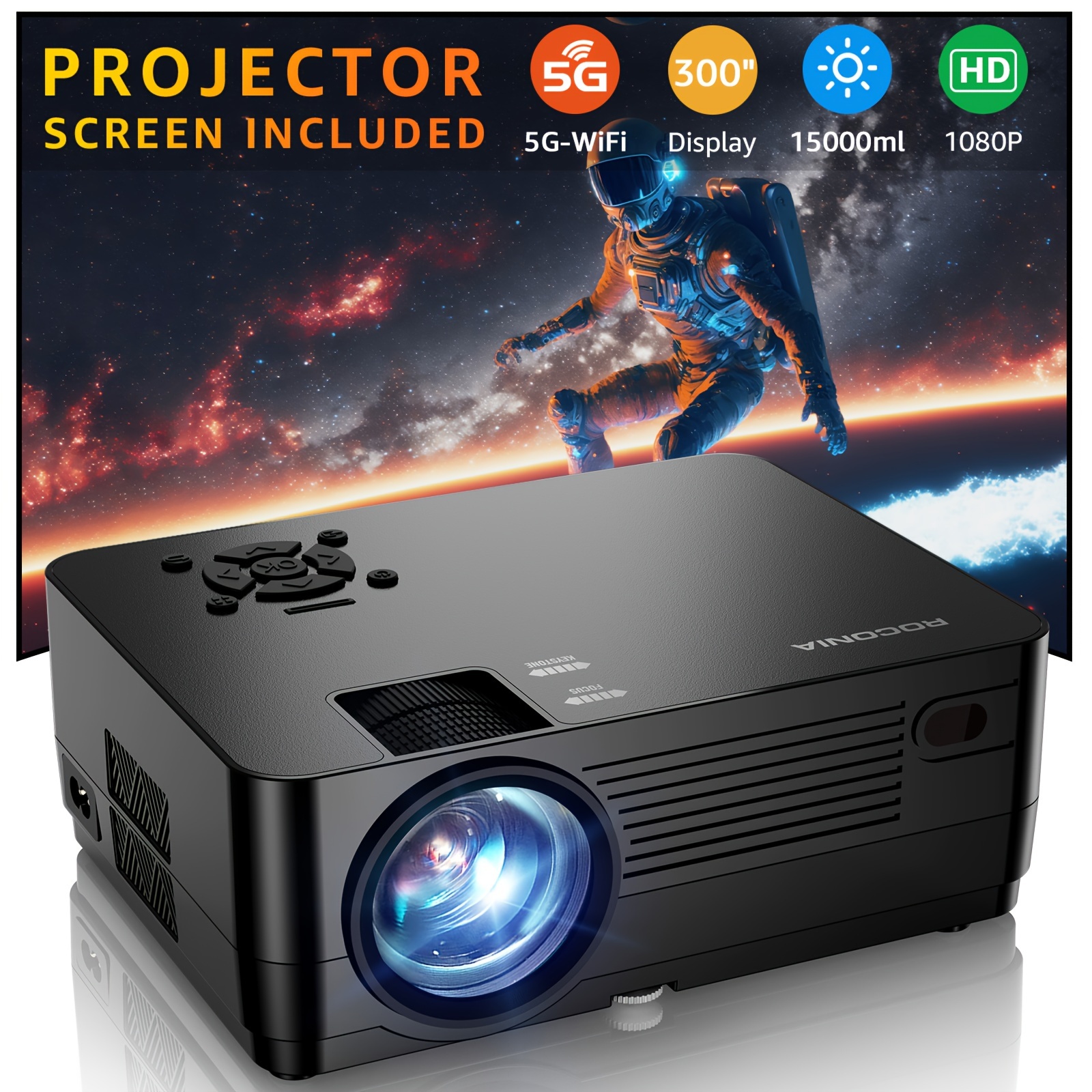 

5g Wifi Wireless Native 1080p Projector[projector Screen Included], 15000lm Full Hd Movie Projector, 300" Display Support 4k Home Theater, Compatible With Ios/android//ps4/tv Stick/hdtv
