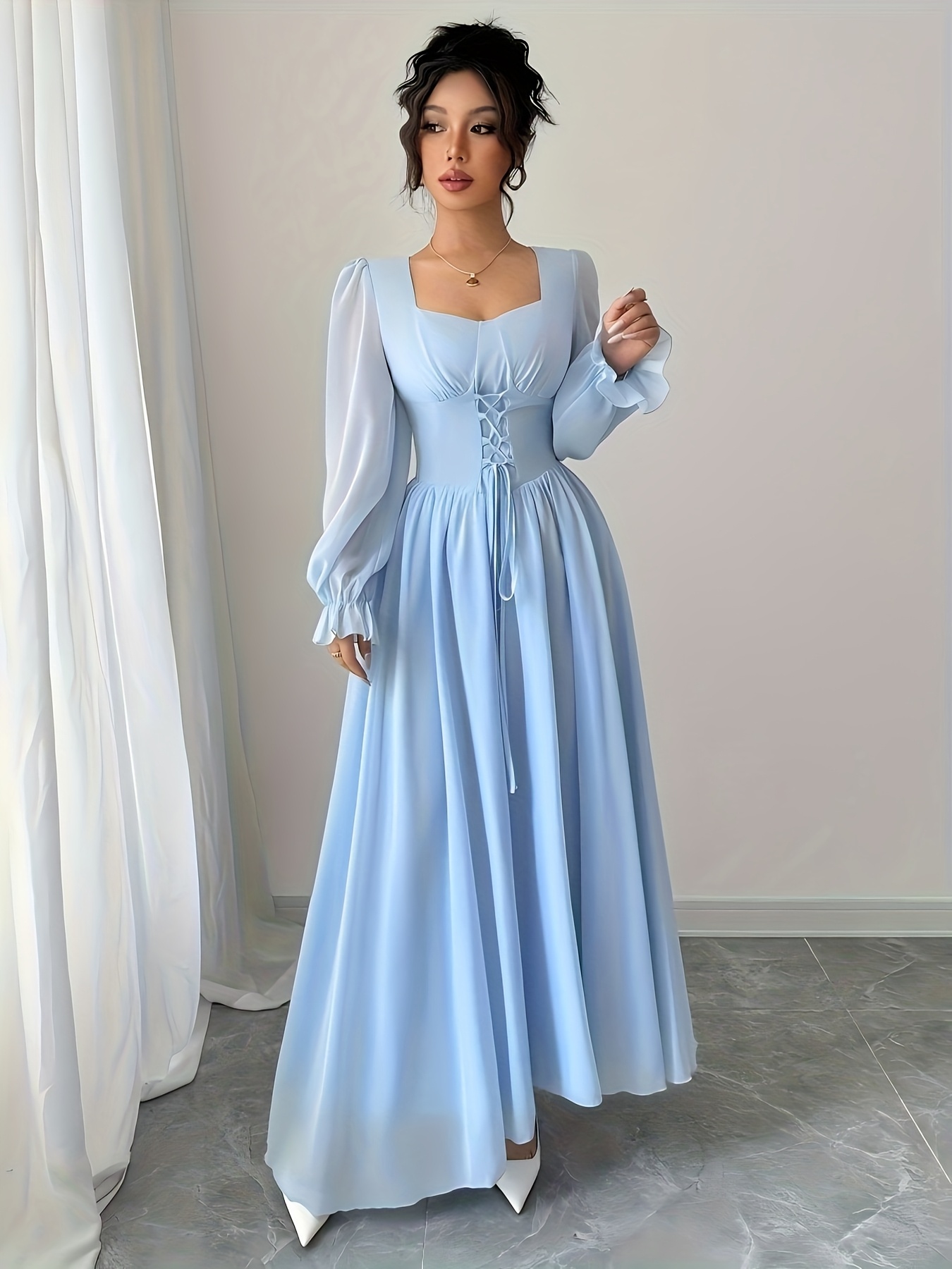 fitted lace wedding dress SFIZIO - LONG SLEEVE V-NECK FLARE SKIRT DRESS main image 0