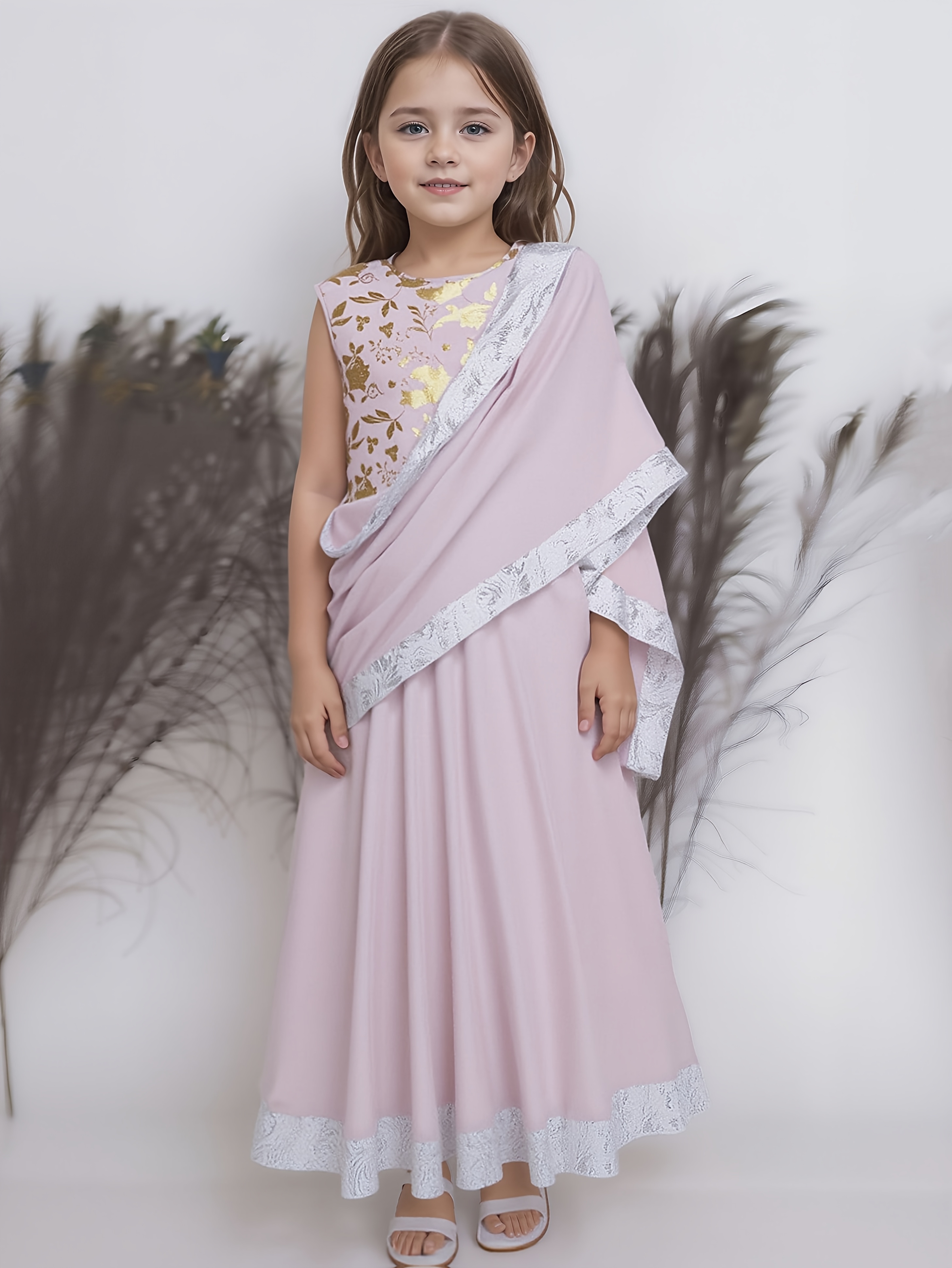 white christmas dresses Indian Sari Dress with Gold Embroidery main image 0
