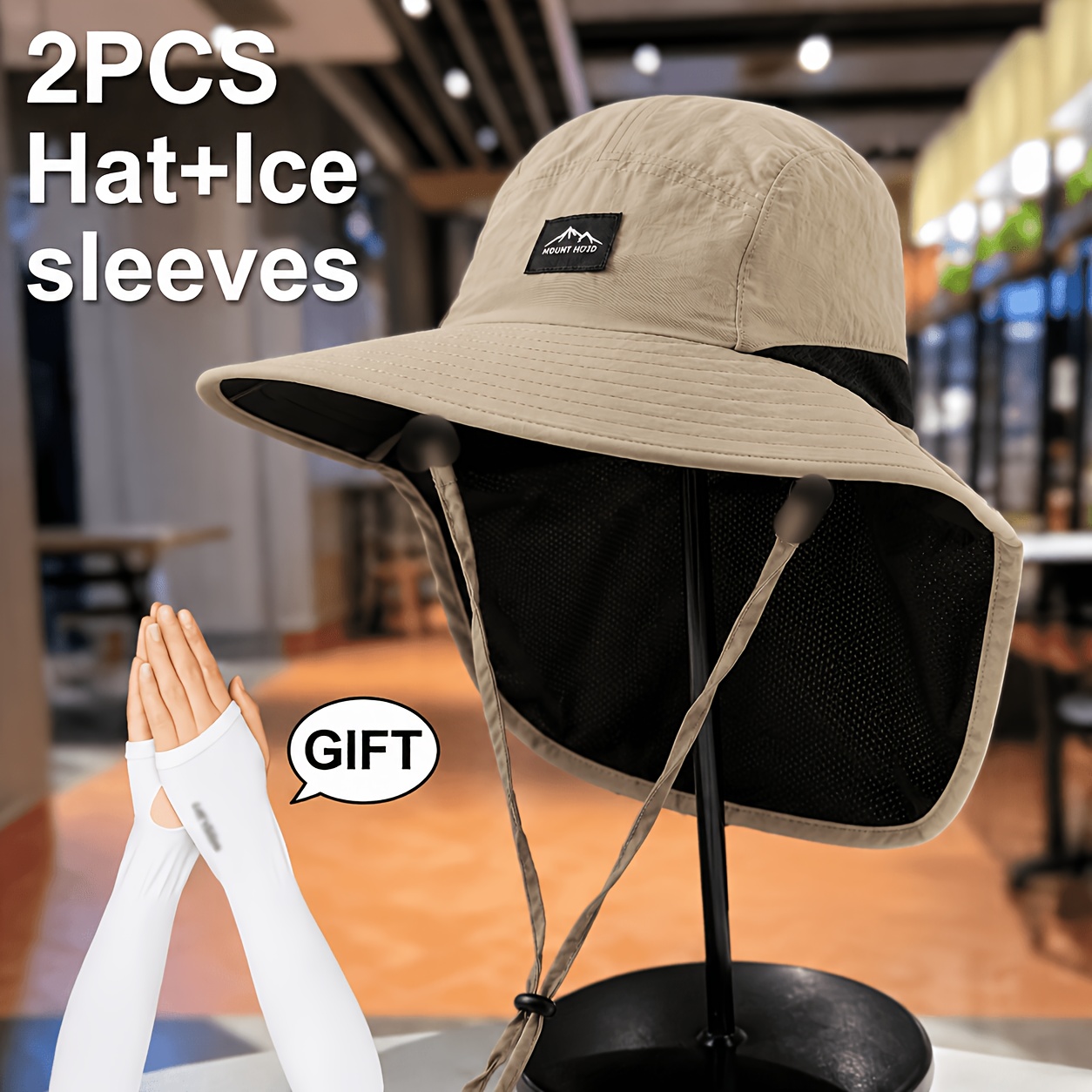 TEMU 2pcs Set: Wide Brim Hat + Slim Sleeves / Unisex Style, Integrated Extended Neck For Full Coverage Of Head, Neck, And Back Of Neck. Suitable For