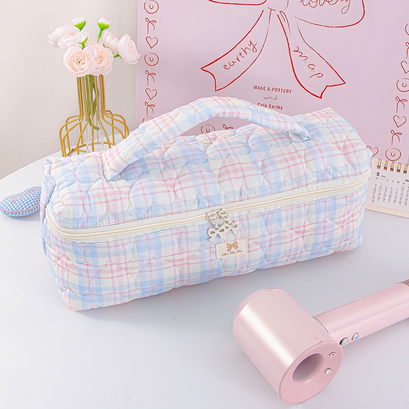 TEMU Bow Tie Double Zipper Toiletry Bag, Hair Dryer Storage Bag, Handheld Curling Iron, Straight Board Multifunctional Travel, Lightweight, Dustproof