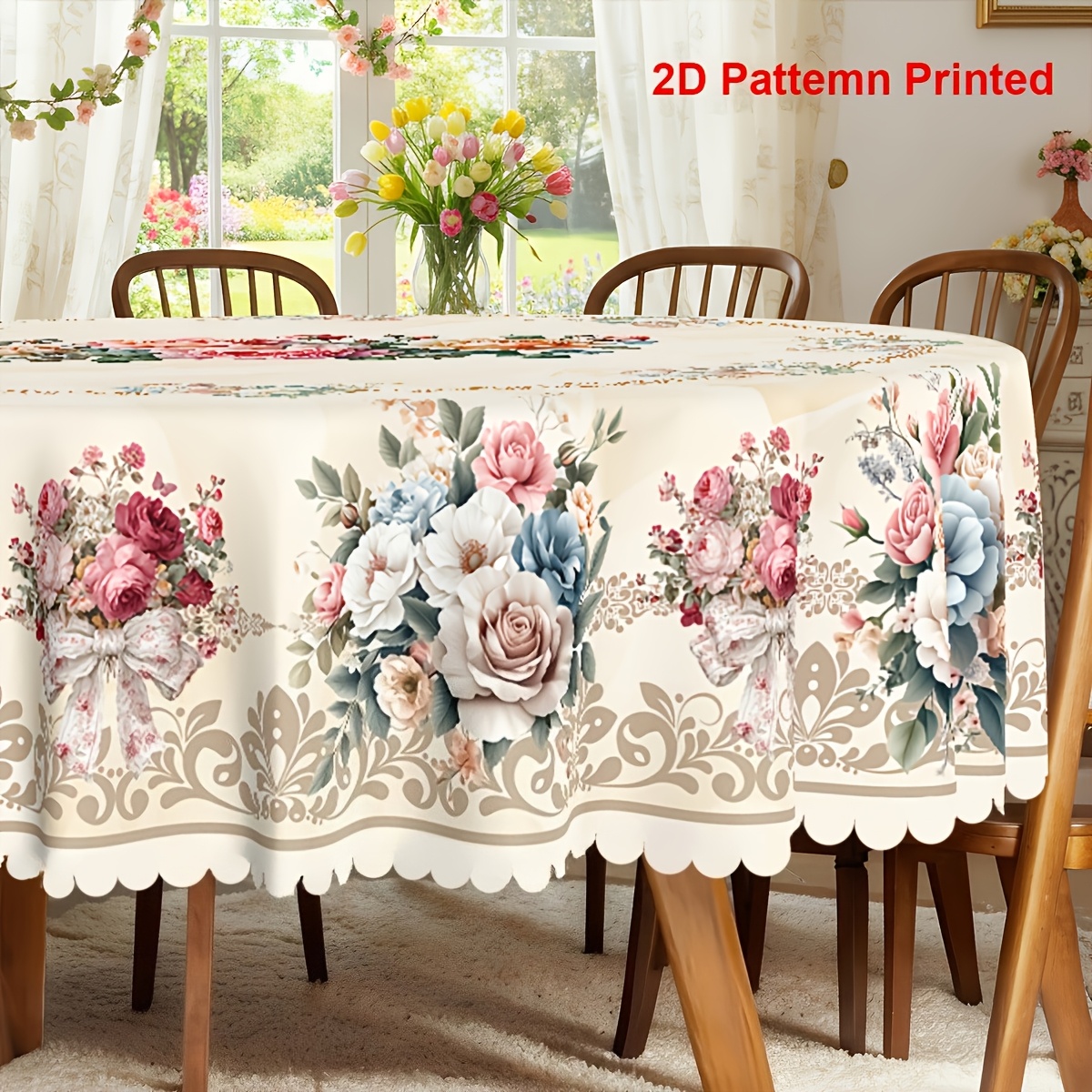 TEMU 1pc Spring Summer Themed Party Tablecloth | Valentine's Day Mother's Day Bow Rose Floral Printed Design, Round Table Cloth, Embossed Edges,