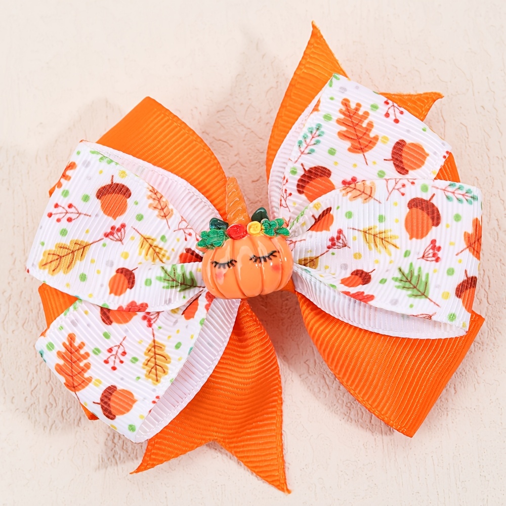 TEMU 1pc Thanksgiving Pumpkin Hair Bow Clip For Women, Fall Autumn Maple Leaf Print Grosgrain Ribbon Hair Barrettes, Little Pumpkin Decor Hair