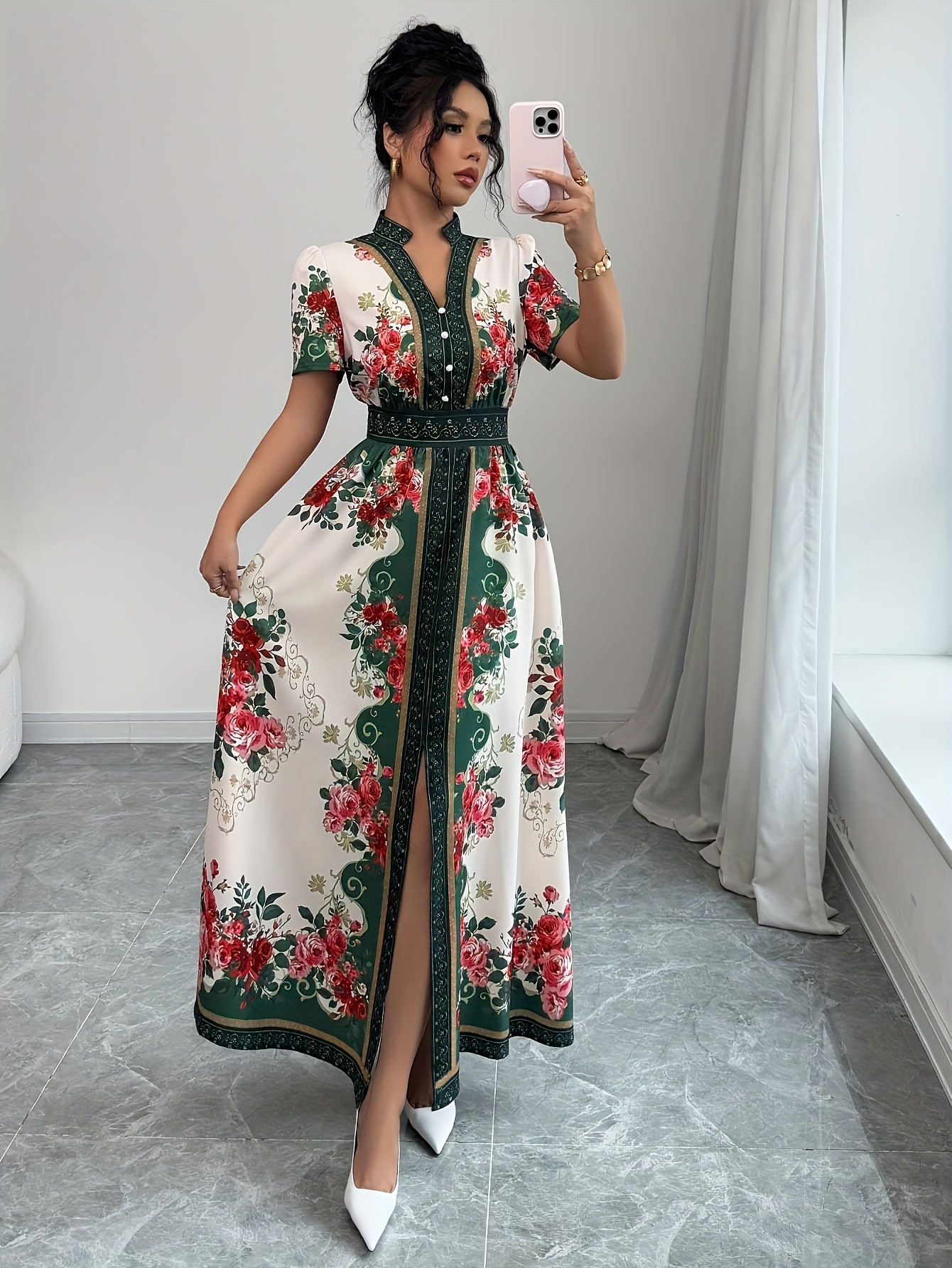 womens floral print elegant a line dress with stand up collar puff short sleeves machine washable summer long dress with side   regular fit for casual formal occasions cute dresses Product details 0