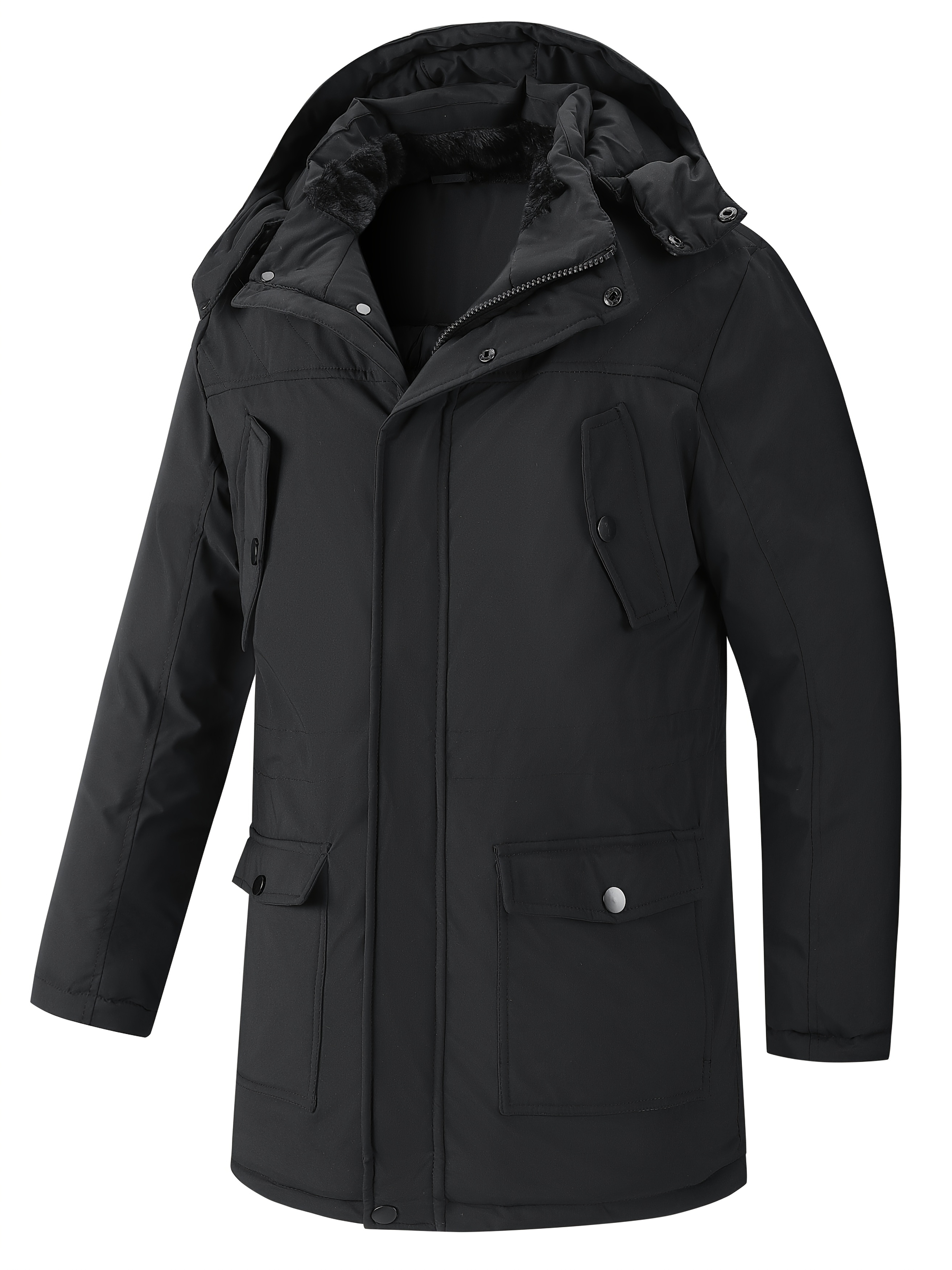 Men's Mid-Length Thickened Hooded Jacket, Utility Coat with Large Pockets