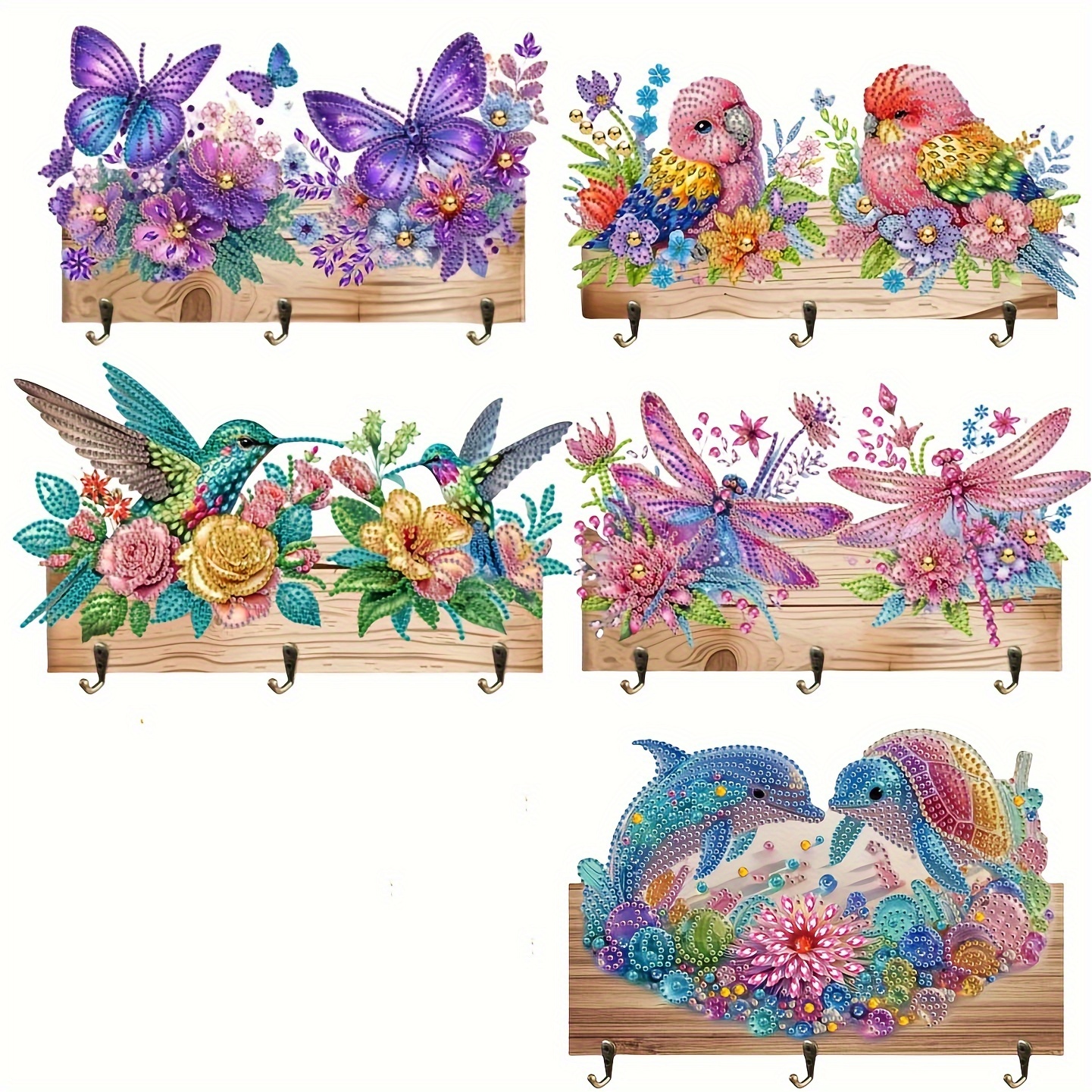 

Peinture diamant 5D DIY - Porte-manteau en mosaïque avec motif d'insectes et de fleurs colorés - Convient pour la décoration de jardin et de