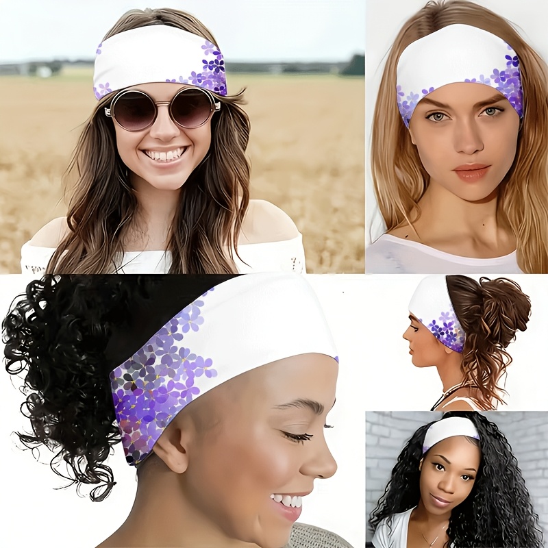 2D FLAT White Background with Purple Flower Gradient Sequin Pattern Headband, for Yoga / Gym / Running / Cycling, Travel / Outing / Beach, Wide-Brim / Fashion Hair Accessory / Sweat-Absorbent / Elastic / Knotted Design, Valentine's Day, 2D Flat