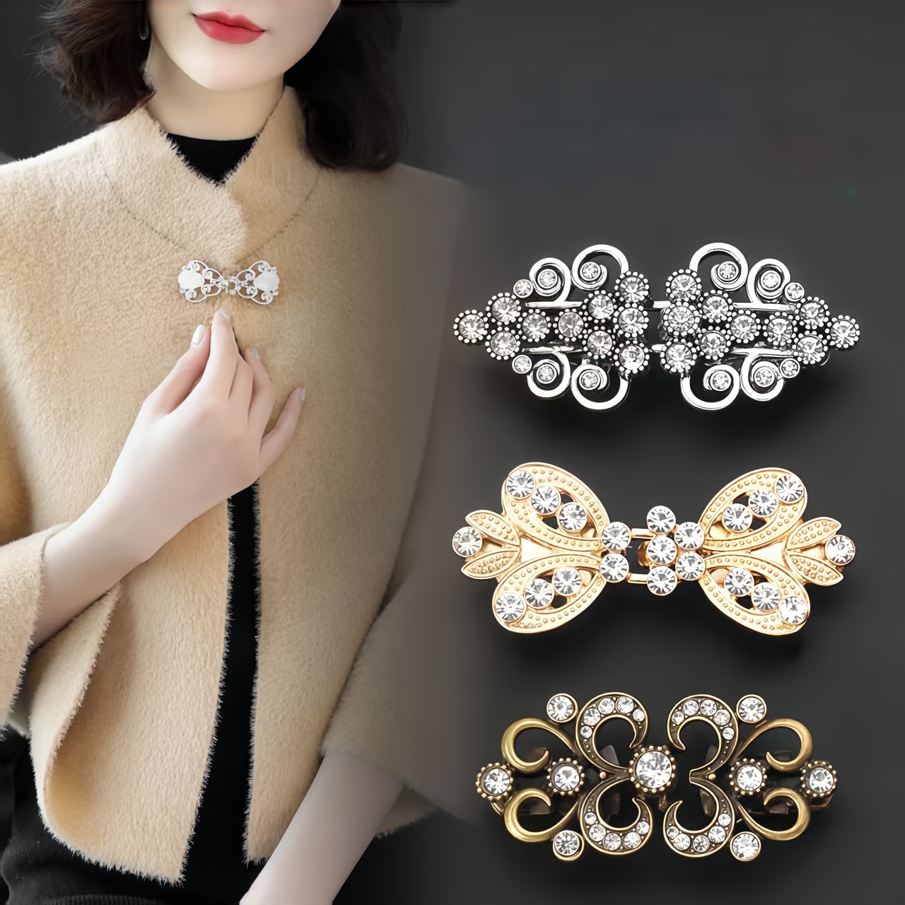 TEMU Set di 3 Fermagli per Cape, Clip per Maglioni in con Paillettes, Adatti per Abbigliamento , Abiti, Clip per a Scialle, Stile 3