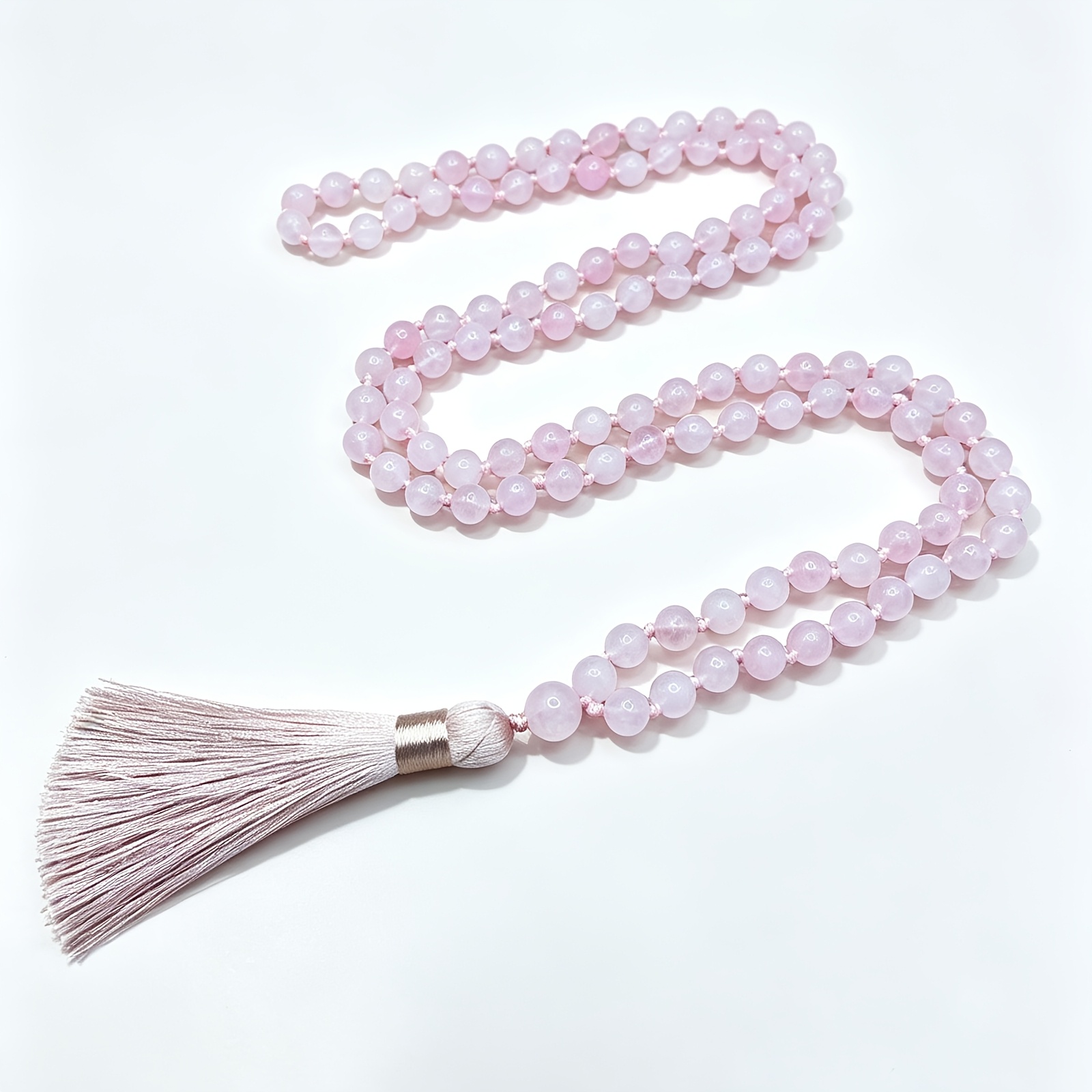 TEMU Collier Mâla de 108 Perles de Rose de 6 mm - Chapelet de Prière Bohème à Nœuds, Convient pour les Vacances, , les Fêtes, Cadeau pour la