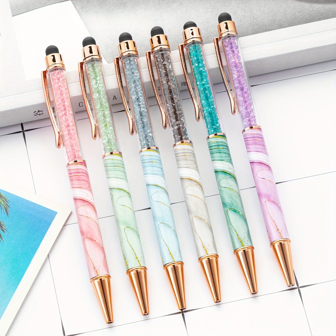 

1pc, 1pc Stylo Rotatif à Écran Tactile en Cristal Stylo Marbre Multicolore Métallique Stylo à Bille de Transfert Thermique Stylo de Bureau d' Stylo