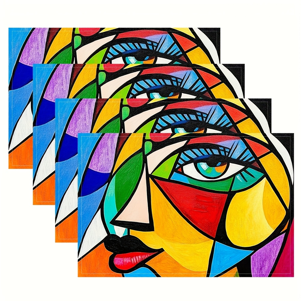 E-shop 4er-Set Picasso Kubistische Abstrakte Gesicht-Tischsets – Moderne Tischdeko spanischen Künstlers, geeignet für Landhausstil, handwaschbares