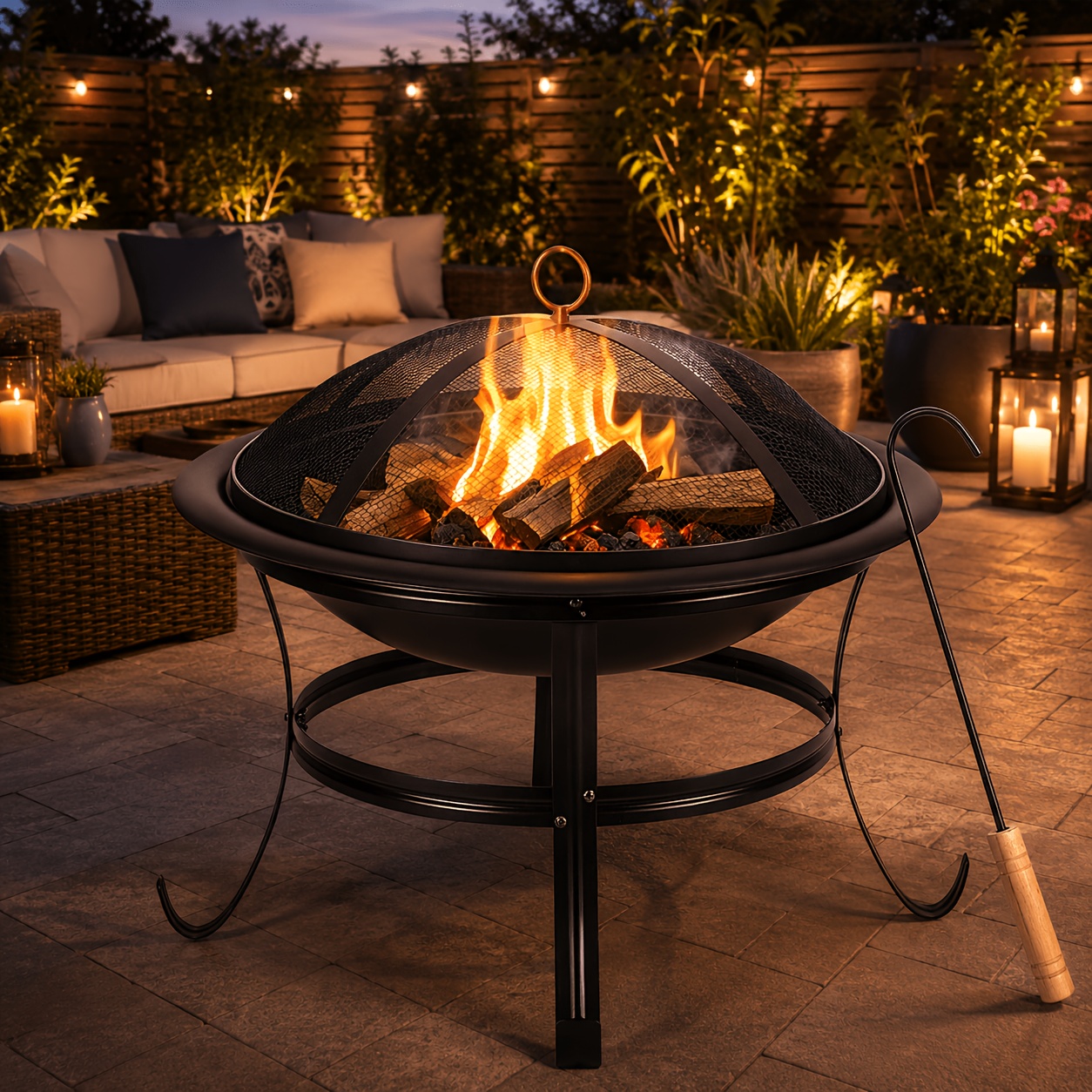 Image of 55cm Outdoor Metal Fire Pit With Spark Screen Poker And Wood Grate Round Backyard Fire Bowl For Wood Coal Pellet Burning Elevated Patio Fireplace Heater For Terrace Outdoor Fire Heater