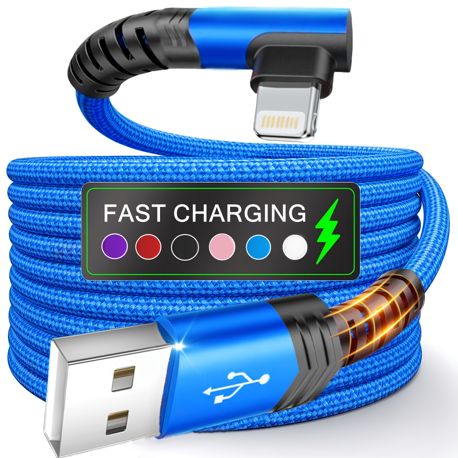 Nylon Braided Fast Charging Cable with a 90-Degree Angle, Compatible with for iphone Models 14, 13, 12, 11 Pro MAX, XR, XS, 8, 7, Plus, 6S, SE, And Ipad