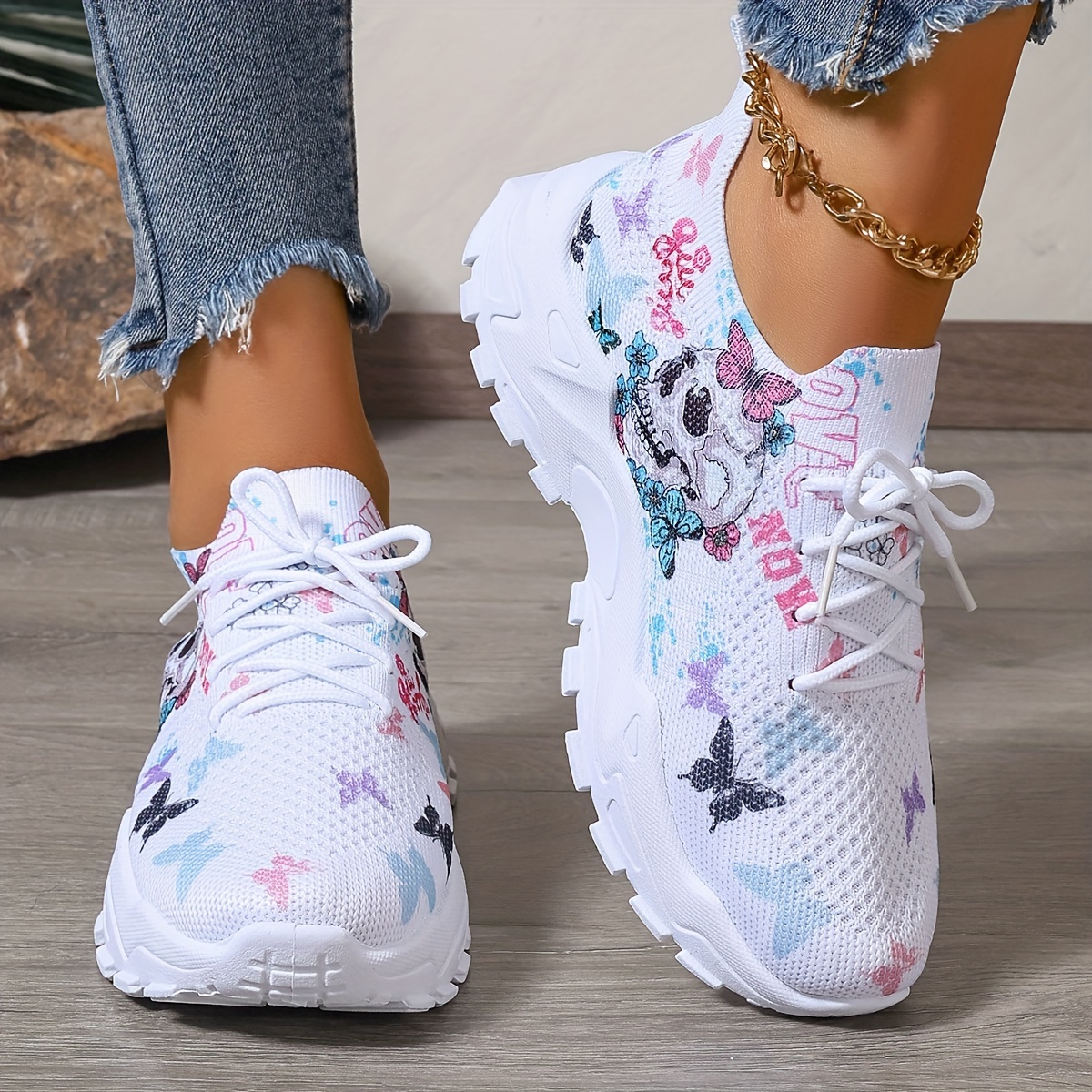 TEMU Women's Breathable Fabric Sports Sneakers Low Top Lace-up With Animal Print, Butterfly & Skull Pattern Casual Running Shoes With Pvc Sole And Fiber Insole - European & North America Special From