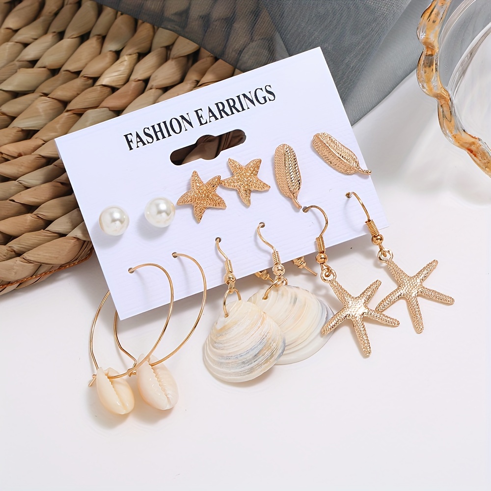 

1 Set Of 6 Pairs Of Personalized Starfish Shell Starfish Starfish Leaf Pearl Earrings Set Earrings Beach Ocean Wind