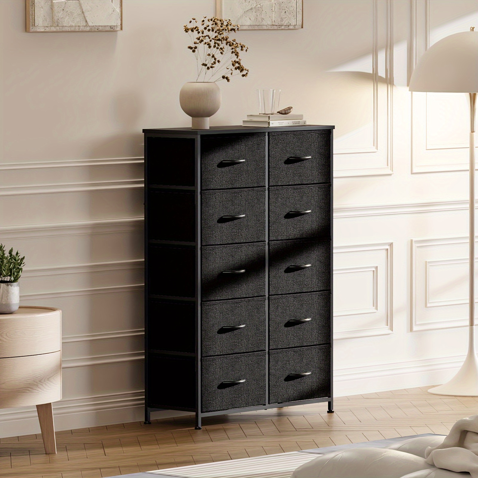 

Dresser For Bedroom 10 Drawers, Storage Chest Of Drawers With Fabric Bins, Tall Dresser With Sturdy Steel Frame Clothes Organizer Wood Top For Closet, Hallway, Nursery