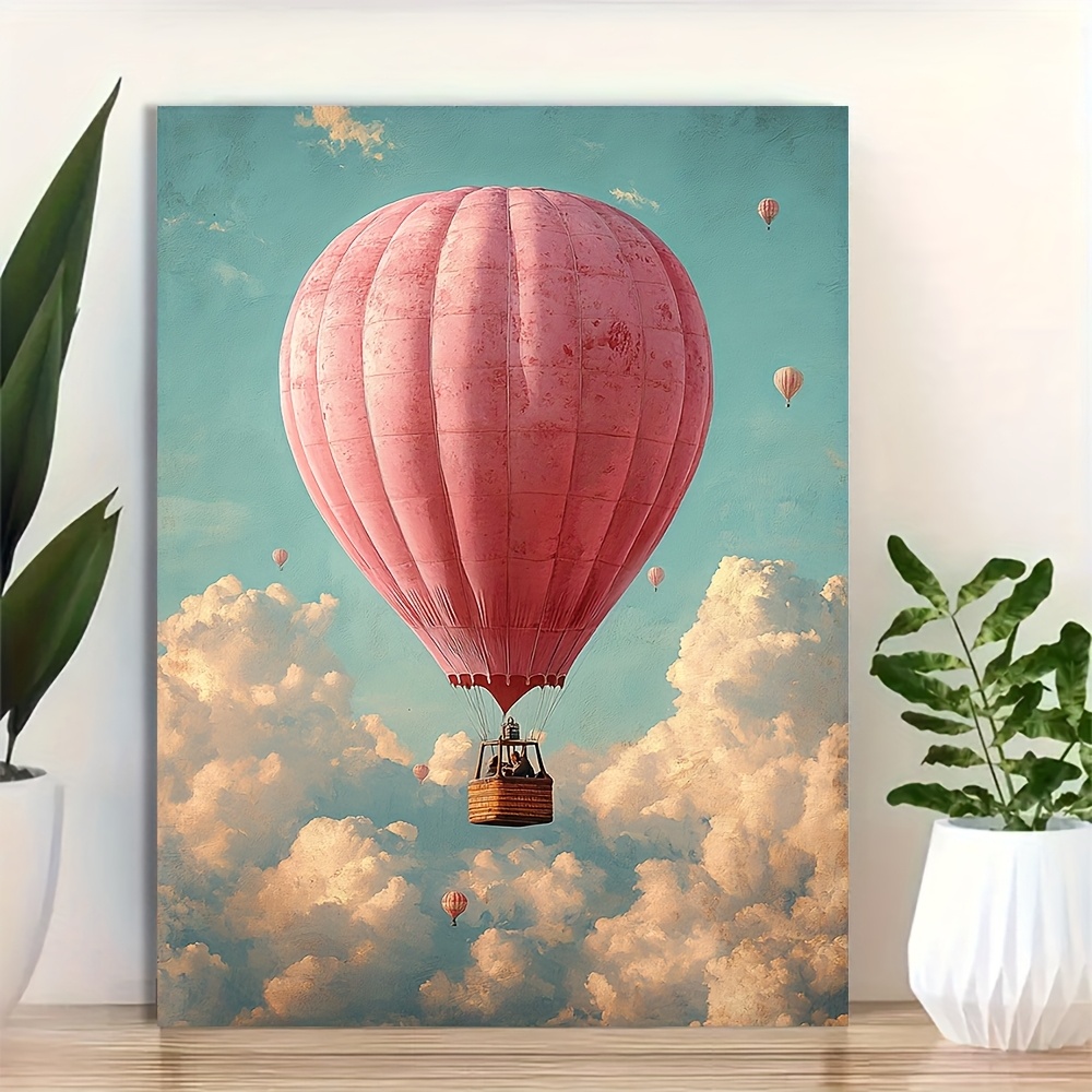 TEMU 2d Flat, 2d Flat 1pc, 12x16 Inch Pink Hot Air Balloon Floating Wall Art Or Canvas Print, Room Decor, 2d Flat, Perfect For Room Decor, Home