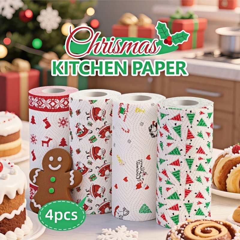 TEMU Christmas Kitchen Paper 4 , Festive Santa Claus Snowflake Print Kitchen Towels, Thickened Absorbent Quick-dry, Holiday Cleaning Helper,