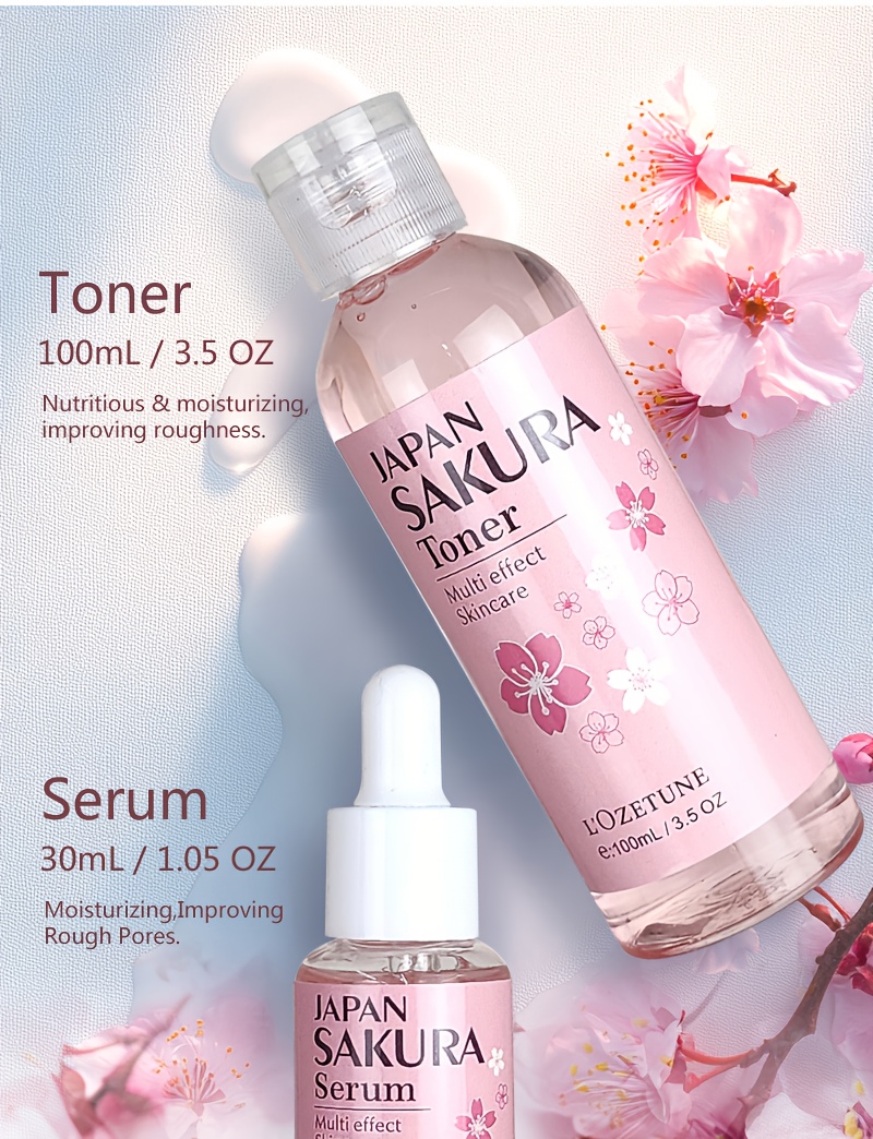 Cherry Blossom Skincare and Beauty Care Set, Includes Moisturizing Toner, Eye Cream, Facial Cleanser, Face Cream, and Cherry Blossom Essence. Suitable for All Skin Types: Dry, Normal, and Combination. Ideal for Post-facial Hair Removal Beauty Care.