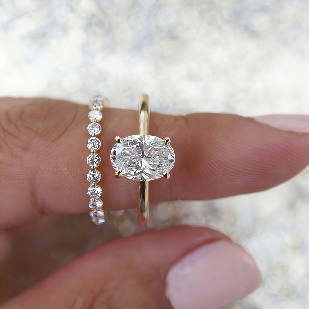 2pc Oval CZ Ring Set, Luxurious Stackable Wedding Bands