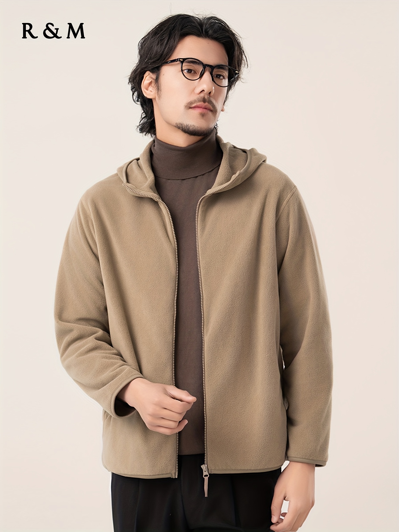 Jaqueta com de Pelúcia para Homens Ombro Caído, Zíper Frontal,  Bolsos, 100% Poliéster, Roupa Casual Outono/Inverno