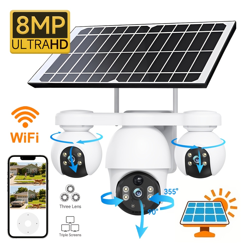 TEMU 8mp Wifi/4g Solar Outdoor Camera With 3 Lenses 3 Screens Security Cameras Support Ptz 360° Pan/tilt Rotation, Pir Human Detection, Audio, Color