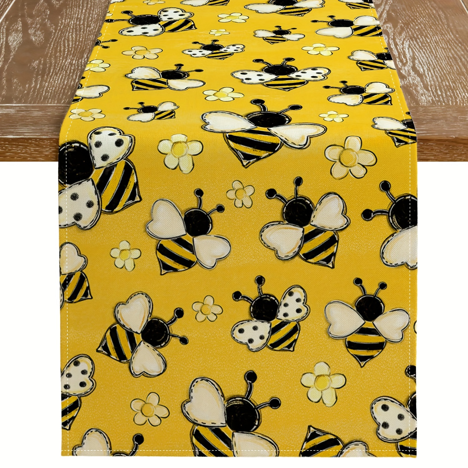 

1pc, Table Runner, Cute Floral And Bee Printed Table Runner, Summer Theme Cartoon Style Dustproof & Wipe Clean Table Runner, Perfect For Home Party Decor, Dining Table Decoration, Aesthetic Room Decor