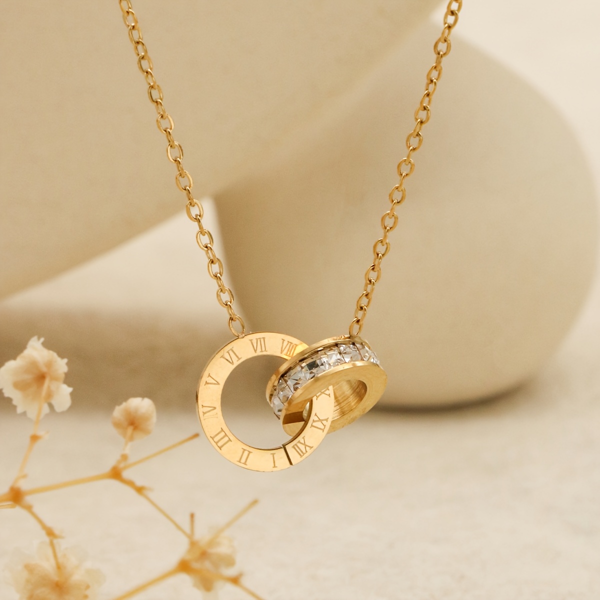 TEMU 1pc Fashionable Roman Numeral Double Ring Design Stainless Steel Necklace, Luxurious Zirconia Micro Inlay, Ladies' Elegant Wedding Waterproof