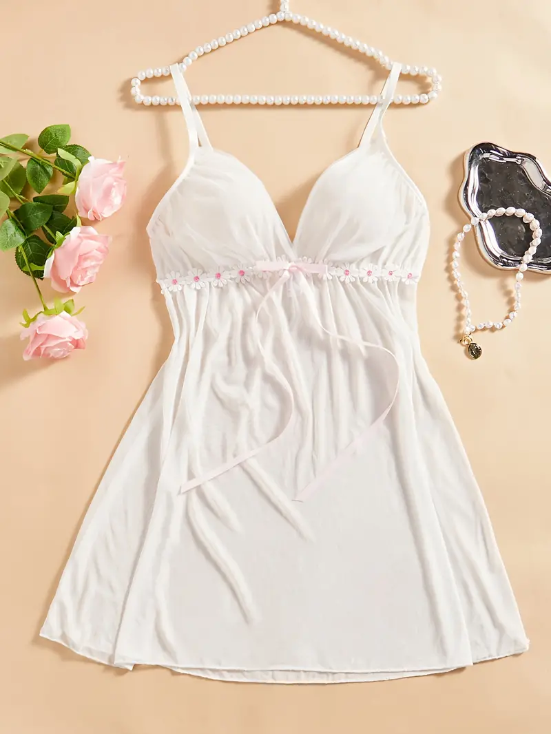 Elegant Lace Mesh Slip Dress, Flower Applique V Neck Sheer Babydoll,  Women's * Lingerie & Underwear