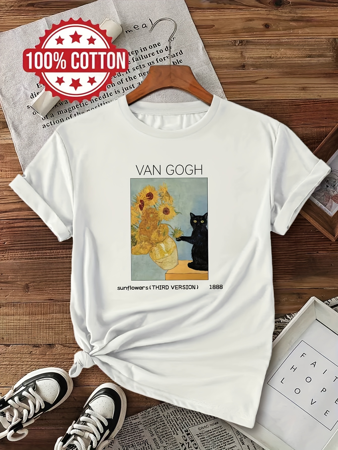 womens van   sunflowers black cat art print 100 cotton t shirt casual short sleeve round neck tee machine washable spring summer   t shirt   summer clothing vibrant artwork tee  