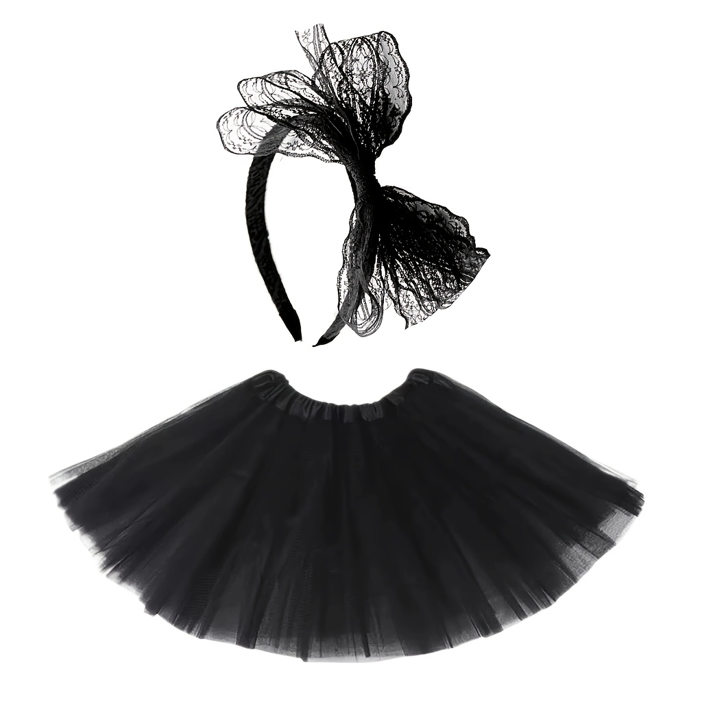 TEMU 2pcs D 80s Style Tutu Set, Including Lace Bow Headband And Tutu Skirt, Suitable For 80s Retro Parties, Role-playing, School Dance Performances,