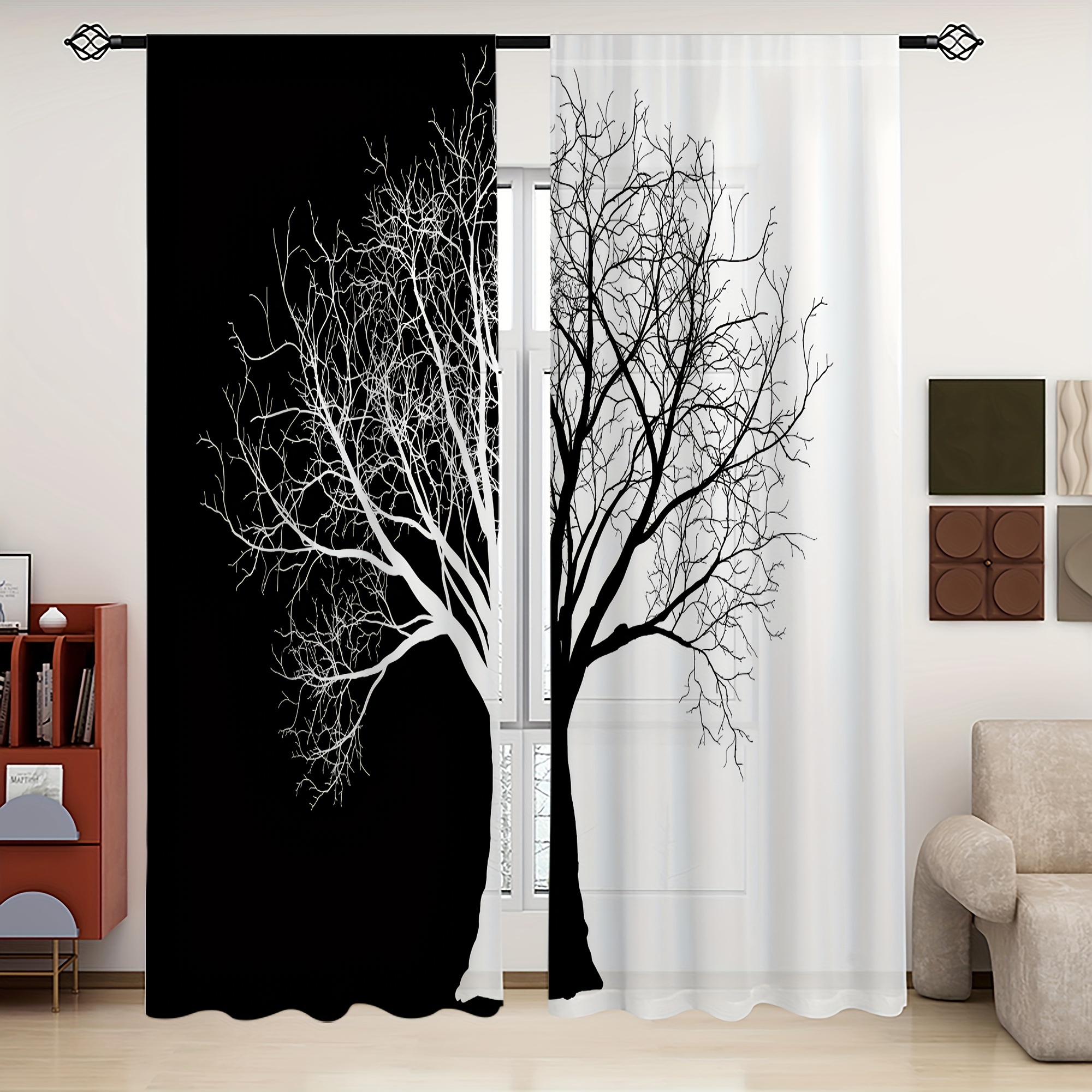 TEMU Ensemble de 2 rideaux translucides imprimés arbre yin et yang , pour salon, salle de jeux, chambre à coucher, rideaux de décoration en polyester