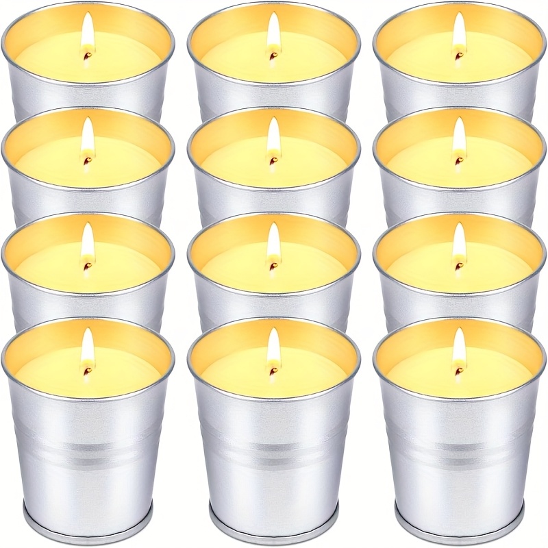Image of A Set Of 12 Mini Bucket Candles Made Soy Wax With Scent, Perfect For Outdoor Camping, , Backyards, Decks, Gardens, Picnics, Parties, And Weddings