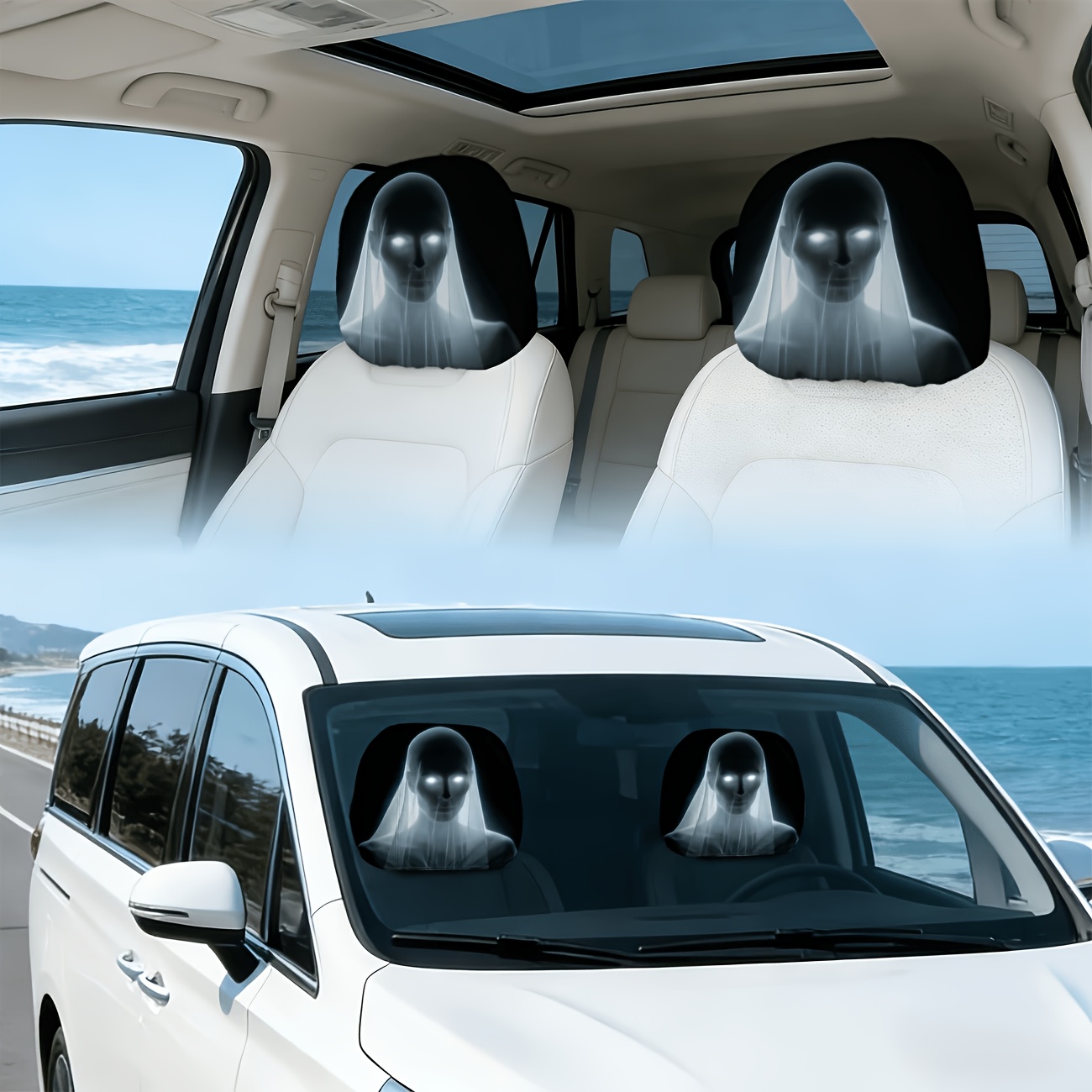 TEMU 2pcs Mysterious Glowing Eyes Printed Car Headrest Covers, Car Interior Additions, Washable, , Durable And Comfortable Headrest Covers, Suitable