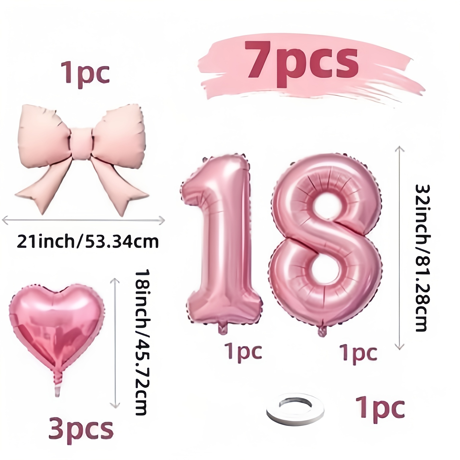 TEMU 7pcs : 1 ballon en aluminium avec nœud, 3 ballons en aluminium de cœur, décoration de fête d'anniversaire sur le thème du rose, accessoires de