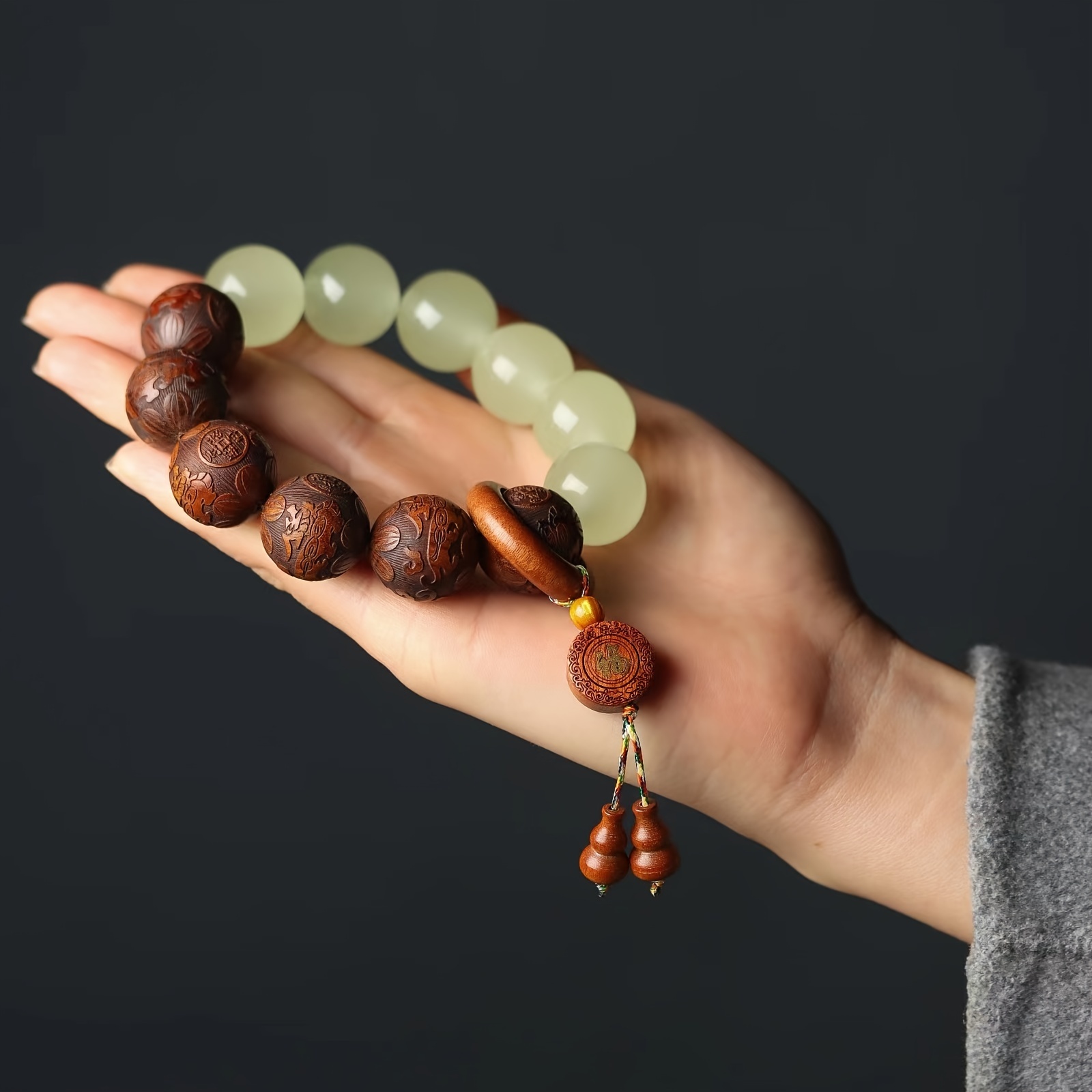 sandalwood pear wood carved luminous beads string with fortune words retro style handcrafted prayer beads for men spiritual gifts meditation accessories jewelry Product details 7