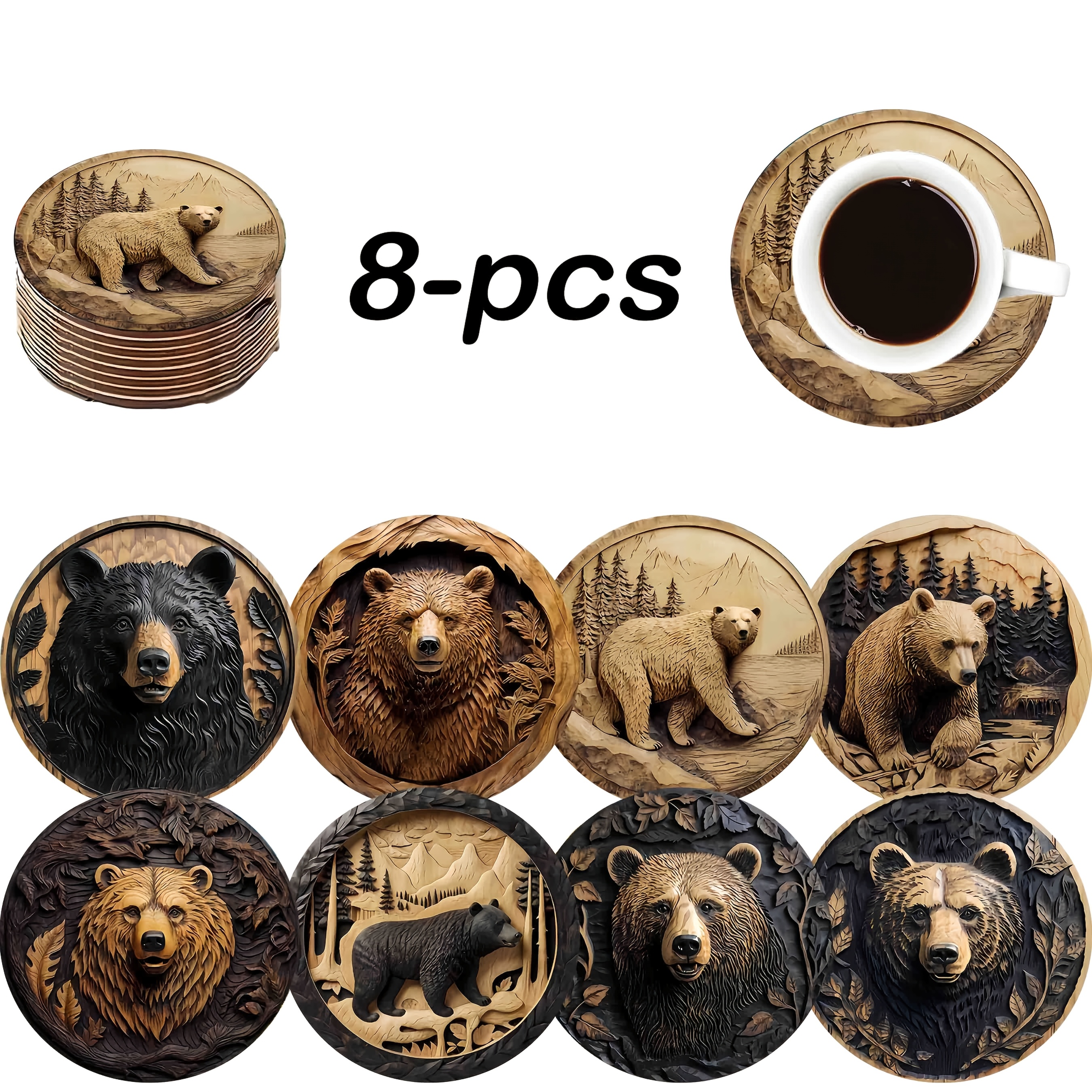 

8-pack Handcrafted 3d Wooden Coasters, Rustic , Non-slip Heat-resistant Table Protection, Ideal For Water Bottles, Bars, Cafes, Offices, Kitchens, Restaurants, Perfect Gift For Birthdays And Christmas