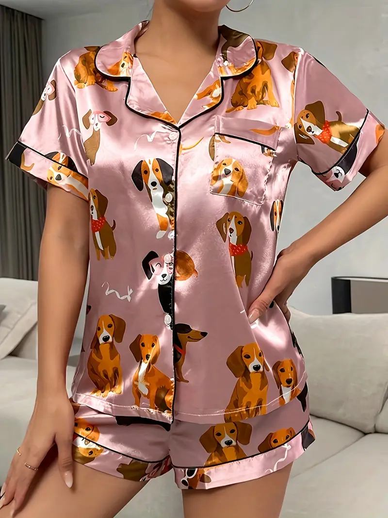 2pcs set of satin bean paste cartoon dog pajamas womens short sleeved stand up collar top and shorts pajamas 2pcs set Product details 2