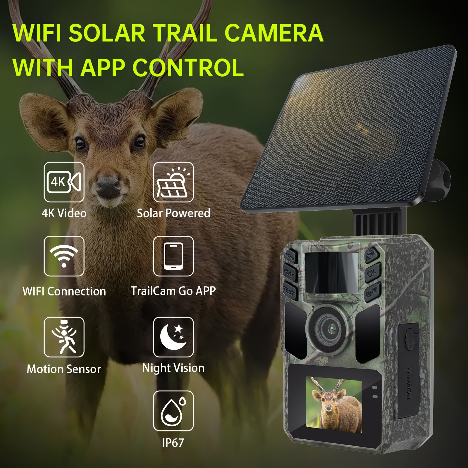 Image of Wifi Trail Camera Solar Trail Cam - Rechargeable Trail Camera Built-in 5000mah Battery - 4k Hunting Camera With Night Vision For Wildlife Monitoring