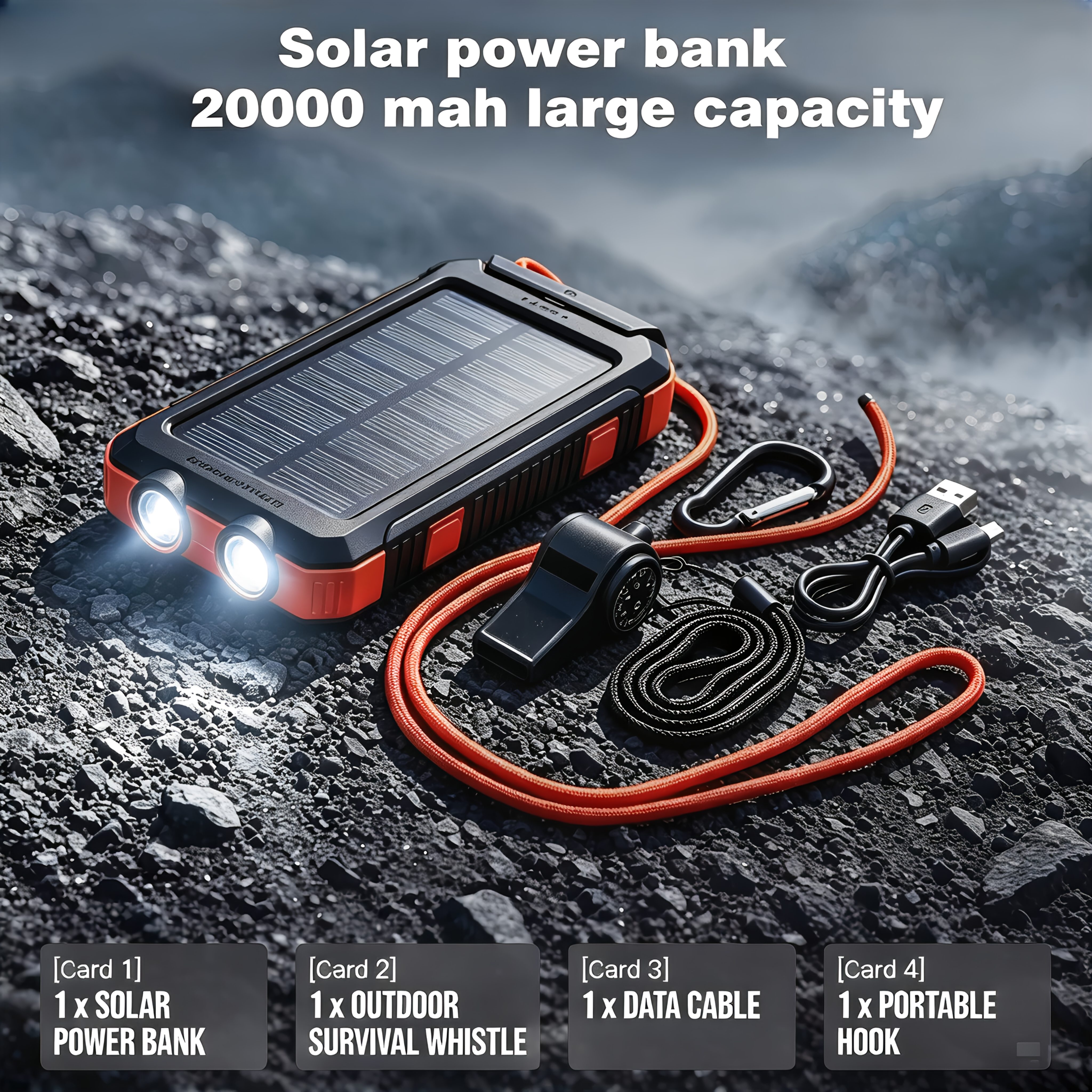 TEMU 20000mah Solar Power Bank Outdoor Emergency Survival Kit, Portable Solar Charger With Dual Led Flashlight, Survival Whistle, Carabiner & Usb