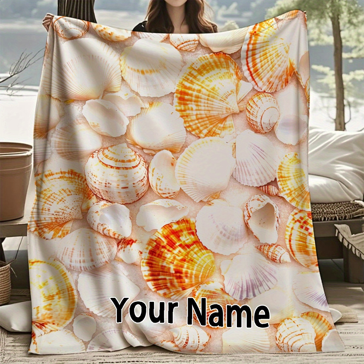1pc personalized plush blanket toy custom name message soft flannel throw with beige orange red white colors birthday christmas valentines gift cozy for home office camping multiple sizes     keepsake personalized blanket   accessory seashell pattern quality   0