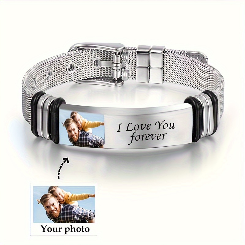 TEMU Personalized Stainless Steel Bracelet With Engraved Photo & Message - Adjustable Mesh Band, Customizable Romantic Gift For Valentine’s Day,